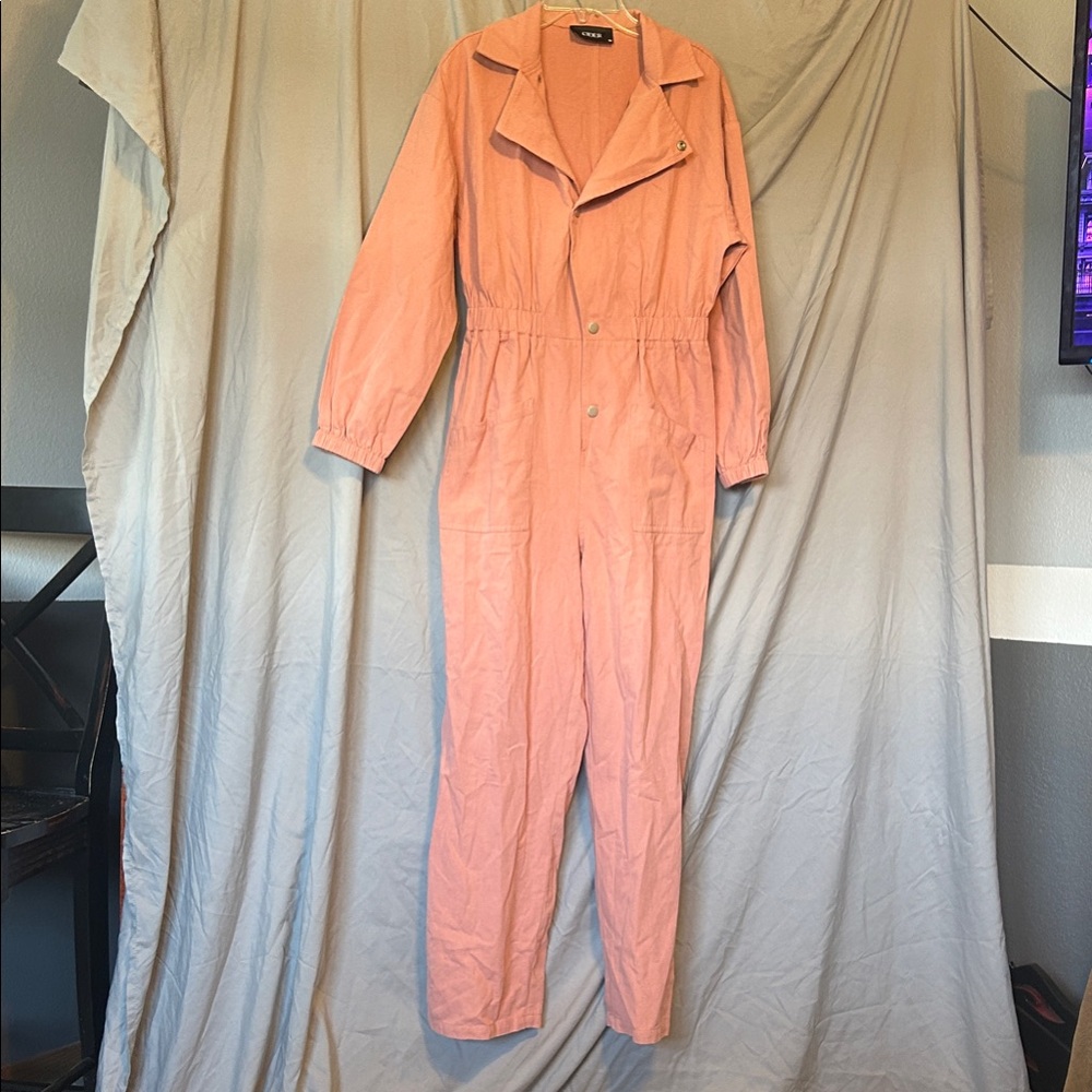 Cider Blush Pink Jumpsuit Size M Stretchy Waist, Cuffed Sleeve, Pockets